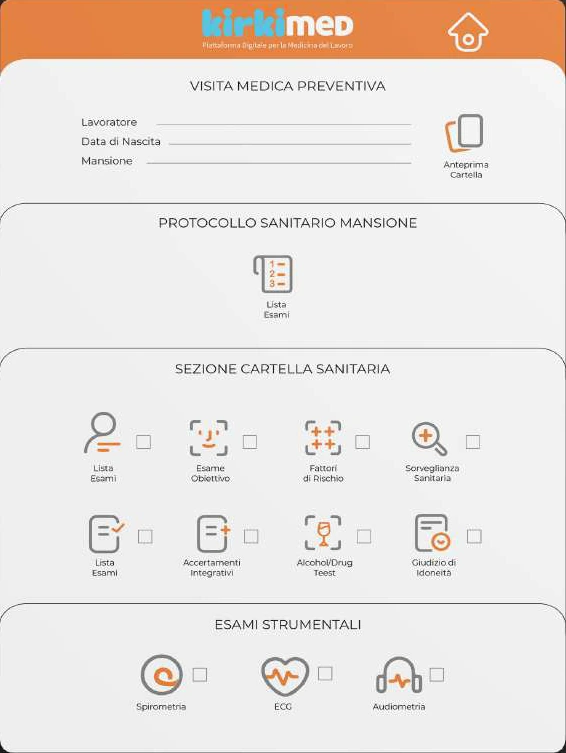 Schermata reale dell'app KIRKIMed: visita medica preventiva con lavoratore, data di nascita e mansione; protocollo sanitario della mansione; sezione cartella sanitaria con esame obiettivo, fattori di rischio, sorveglianza sanitaria, accertamenti integrativi, test alcol/drug e giudizio di idoneità; esami strumentali (spirometria, ECG, audiometria).