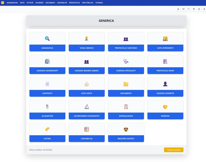Schermata reale del CRM KIRKIMed: scheda dell'azienda di prova «GENERICA» con i moduli Anagrafica, Scegli medico, Protocollo sanitario, Lista dipendenti, Assegna datore/RSPP, Assegna risorse umane, Assegna specialisti, Protocollo DOSP, Contratti, Lista visite, Documenti, Giudizio idoneità, Allegato3B, Accertamenti integrativi, Sopralluoghi, Riunioni, Listino, Contabilità e Registro esposti. In alto il menu: Anagrafiche, Visite, Attività, Scadenze, Documenti, Contabilità, Reportistica, Ispettore ASL, Tutorial.