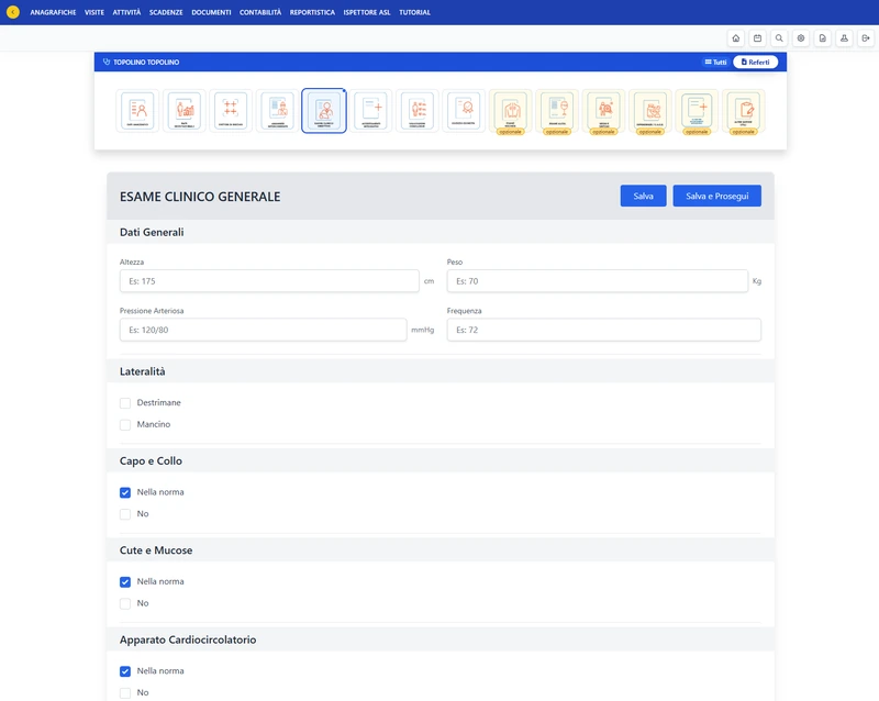 Schermata reale del CRM KIRKIMed: sezione «Esame clinico generale» della cartella con la barra delle sezioni in alto, i campi Altezza, Peso, Pressione arteriosa e Frequenza, la lateralità (destrimane, mancino) e i riquadri Capo e collo, Cute e mucose, Apparato cardiocircolatorio con le opzioni «Nella norma» e «No». Pulsanti Salva e Salva e Prosegui.