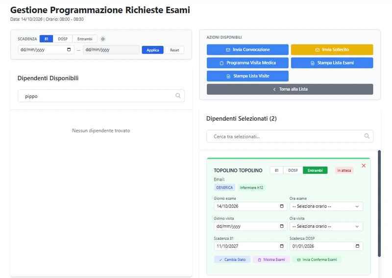 Schermata reale del CRM KIRKIMed: «Gestione Programmazione Richieste Esami» con filtro per scadenza (81, DOSP, entrambi), ricerca dei dipendenti disponibili, pulsanti Invia convocazione, Invia sollecito, Programma visita medica, Stampa lista esami e Stampa lista visite, e scheda del dipendente selezionato con giorno e ora dell'esame e della visita, scadenze e azioni Cambia stato, Mostra esami e Invia conferma esami. L'indirizzo email è stato oscurato.