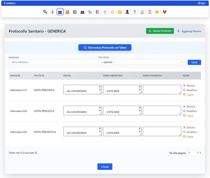 Schermata reale del CRM KIRKIMed: «Protocollo Sanitario» dell'azienda di prova con il pulsante «Sincronizza protocollo col tablet», ricerca per mansione e tipo di visita, e una tabella con mansione, tipo di visita (periodica, preventiva), rischio (agenti cancerogeni), esami di laboratorio (visita base) ed esami strumentali, con le azioni Elimina, Modifica e Copia; in alto Stampa protocollo e Aggiungi nuovo.